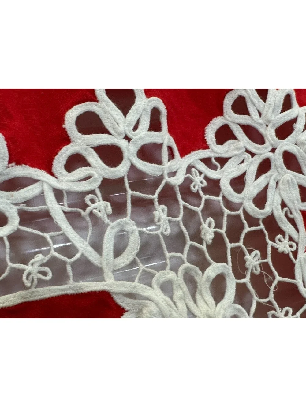 Vintage Cutwork Tablecloth Card Table Topper Floral Red White Embroidery Machine
